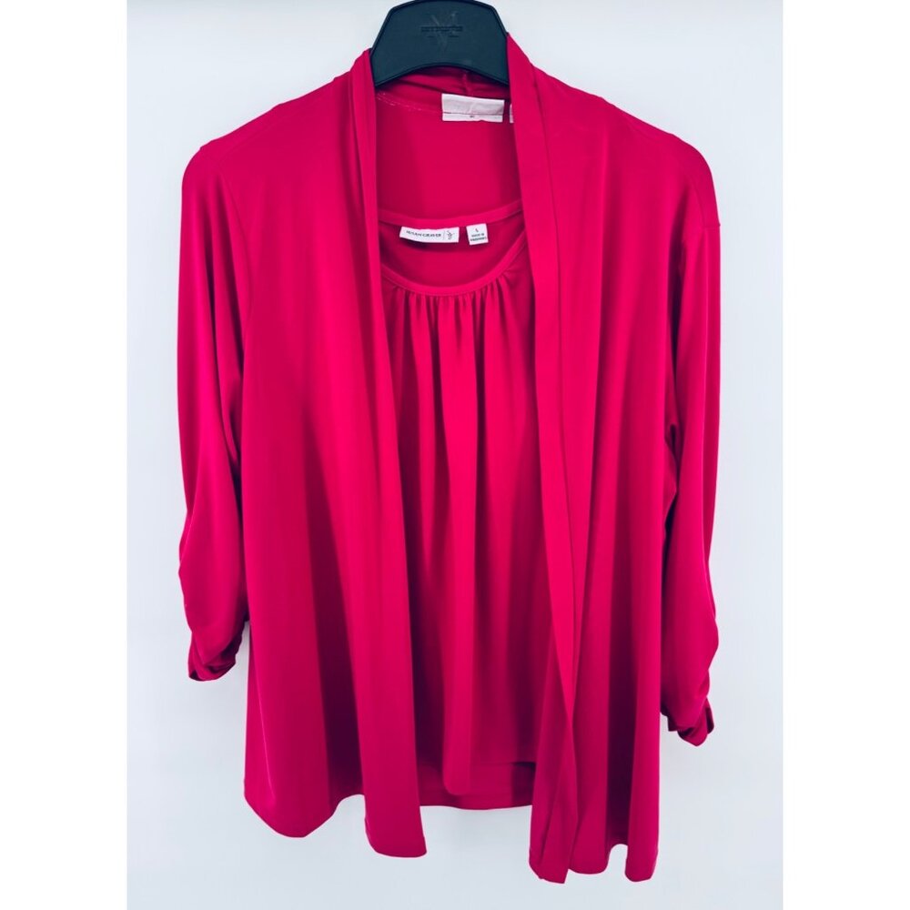 Susan Graver Liquid Knit Cardigan with Ruched Sleeves Pink Large